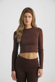 Cotton Jersey Cropped Longe Sleeve Top Chocolade