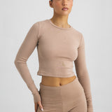 Cotton Jersey Cropped Longe Sleeve Top Mokka