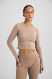 Cotton Jersey Cropped Longe Sleeve Top Mokka